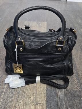 Vintage Black Patchwork Leather Satchel with Gold Hardware